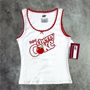 Women's Cherry Coke White Graphic Tank Top with Red Lace Trim